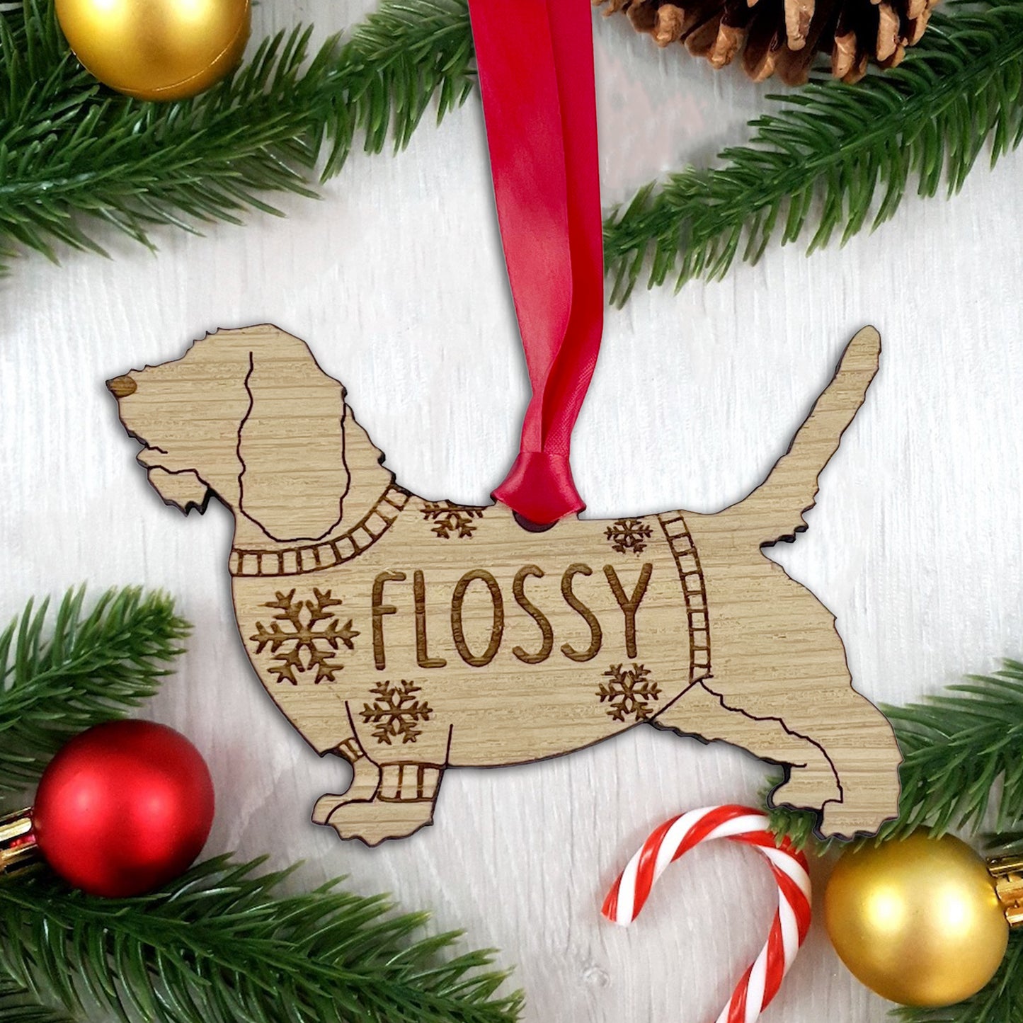 Personalised Petit Basset Griffon Vendeen Bauble Jumper Dog Bauble - Oak Veneer Wood - Add any name