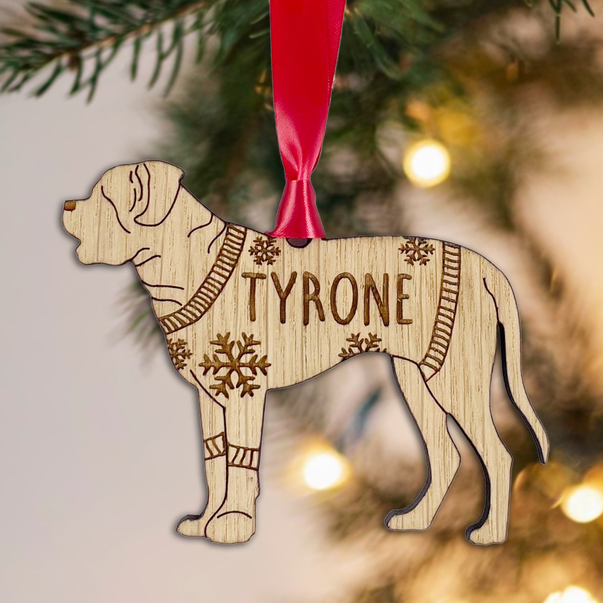 Personalised English Mastiff Bauble Jumper Dog Bauble - Oak Veneer Wood - Add any name