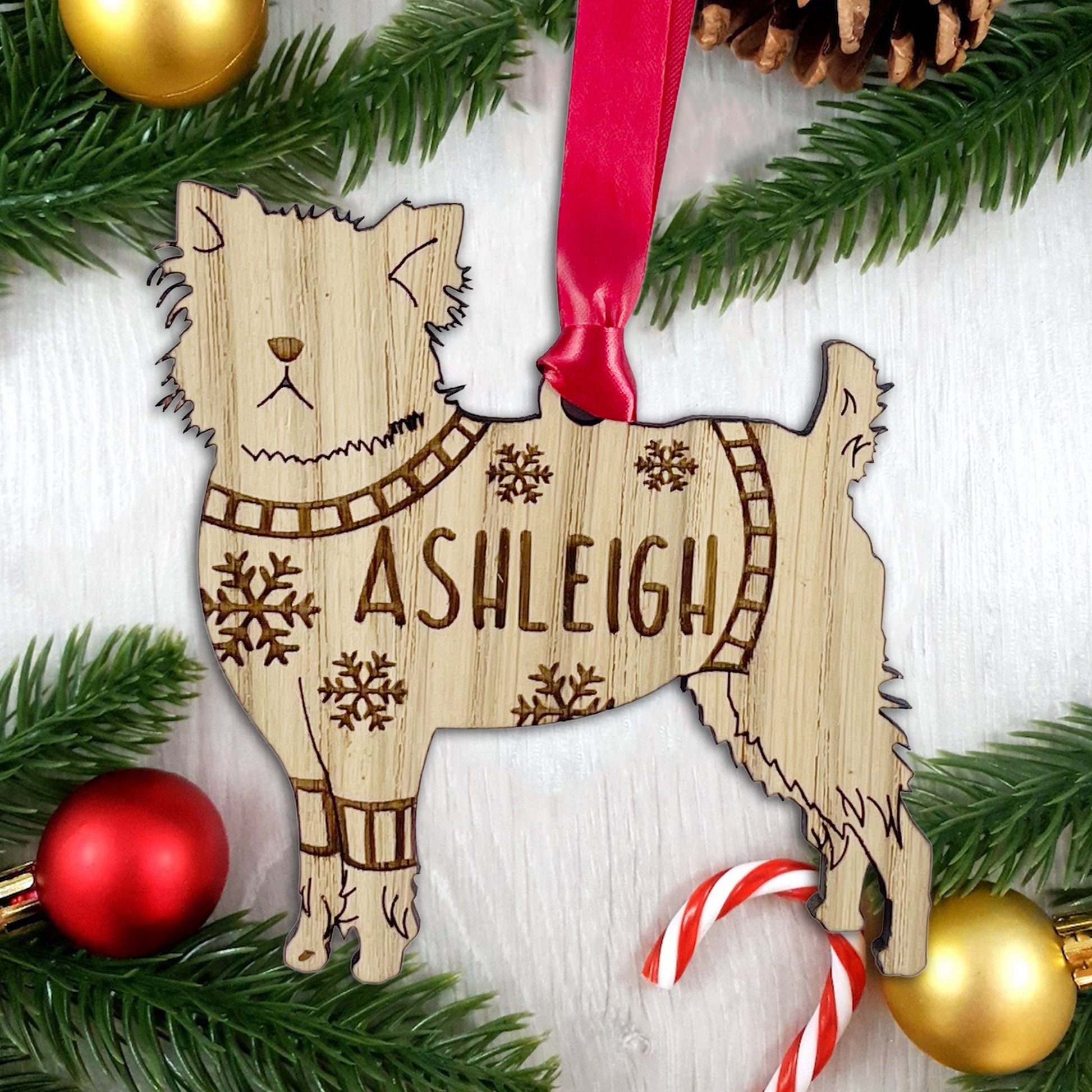 Personalised Affenpinscher Bauble Jumper Dog Bauble - Oak Veneer Wood - Add any name