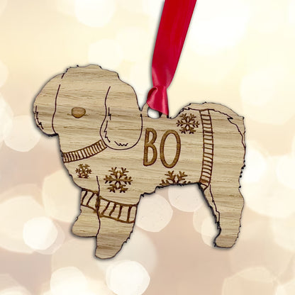 Personalised Maltese Bauble Jumper Dog Bauble - Oak Veneer Wood - Add any name