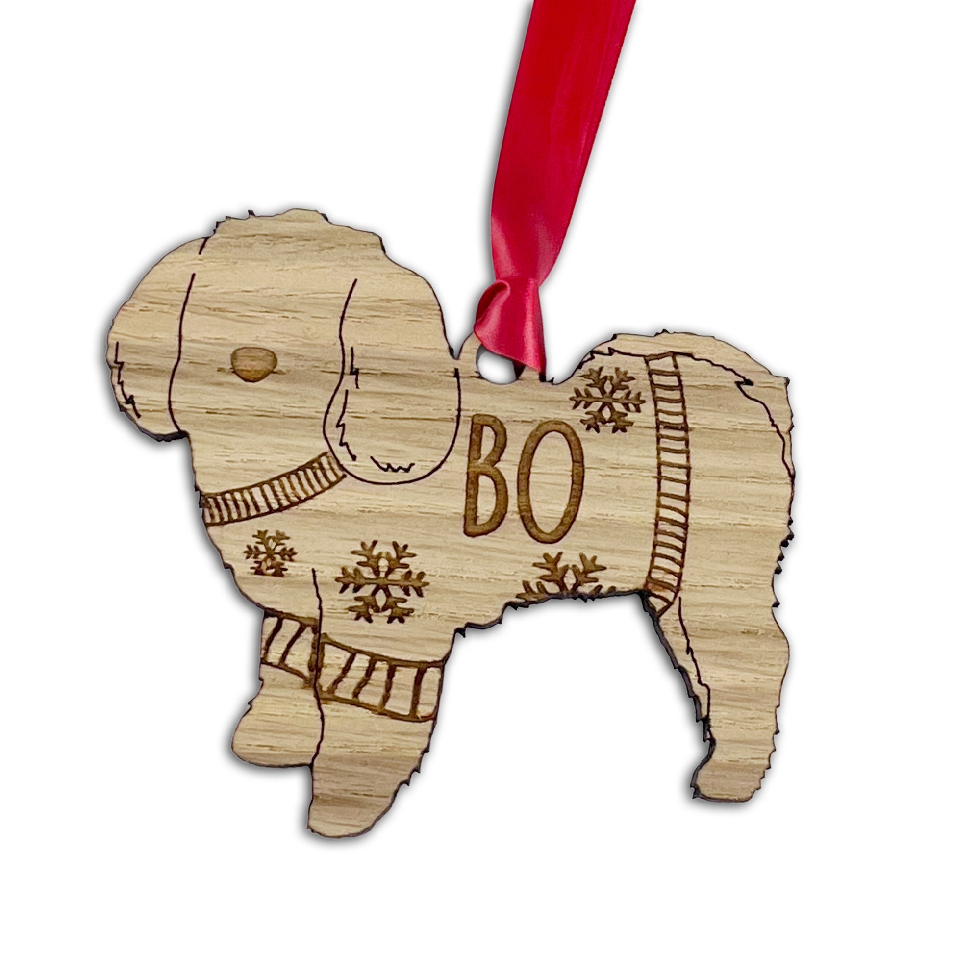 Personalised Maltese Bauble Jumper Dog Bauble - Oak Veneer Wood - Add any name