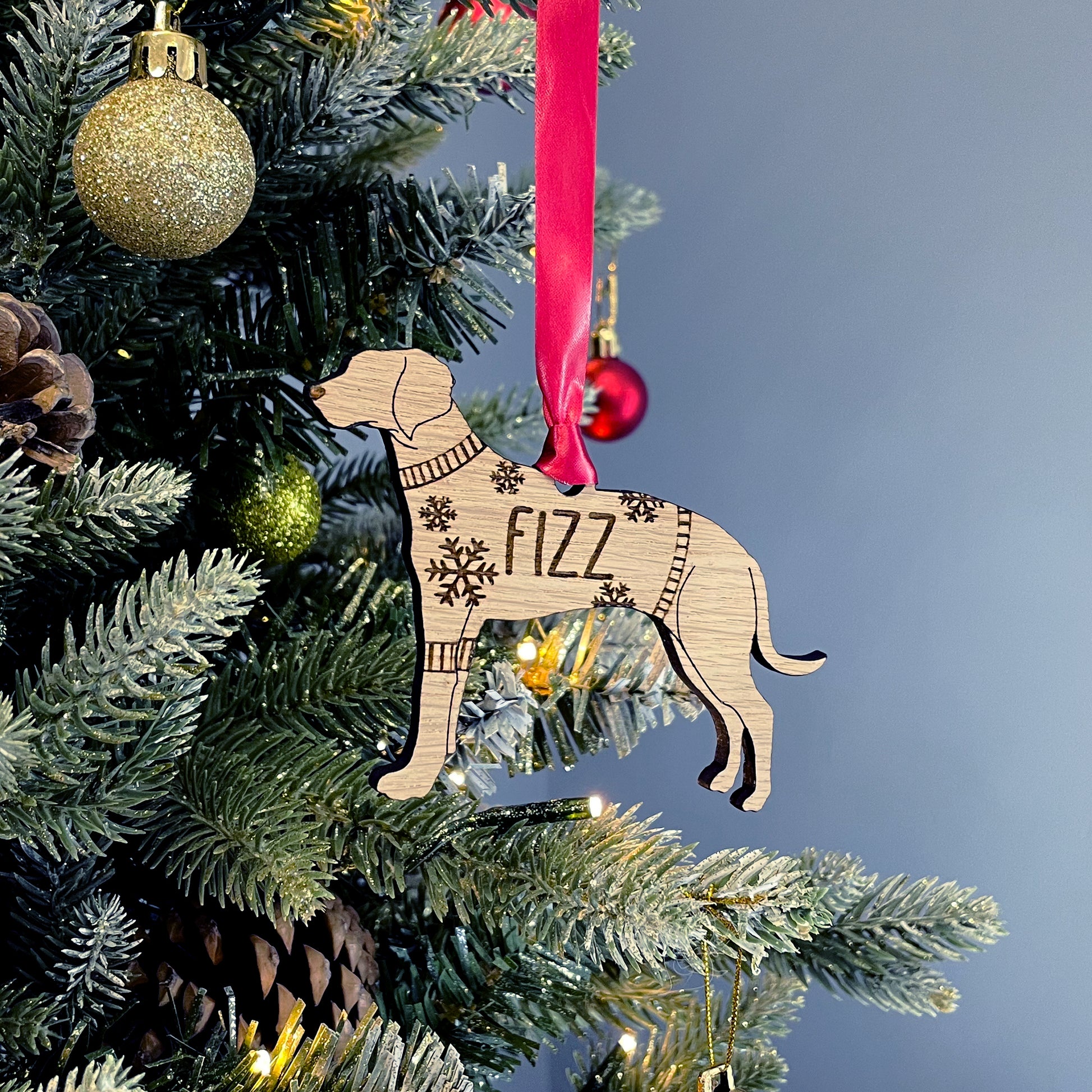 Personalised Rhodesian Bauble Jumper Dog Bauble - Oak Veneer Wood - Add any name