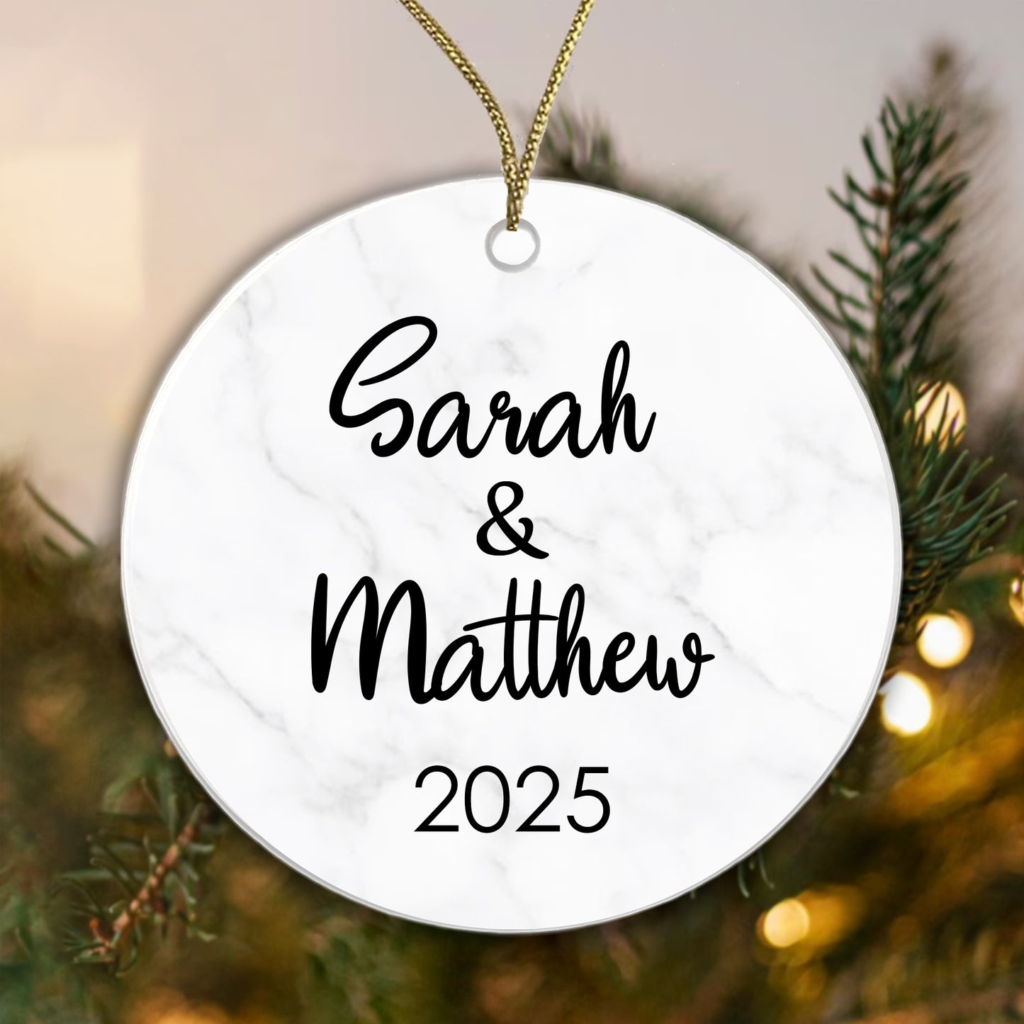 Personalised Couple Marble Bauble Tree Decoration Xmas Gift Idea Secret Santa - Add Names & Year! Ceramic