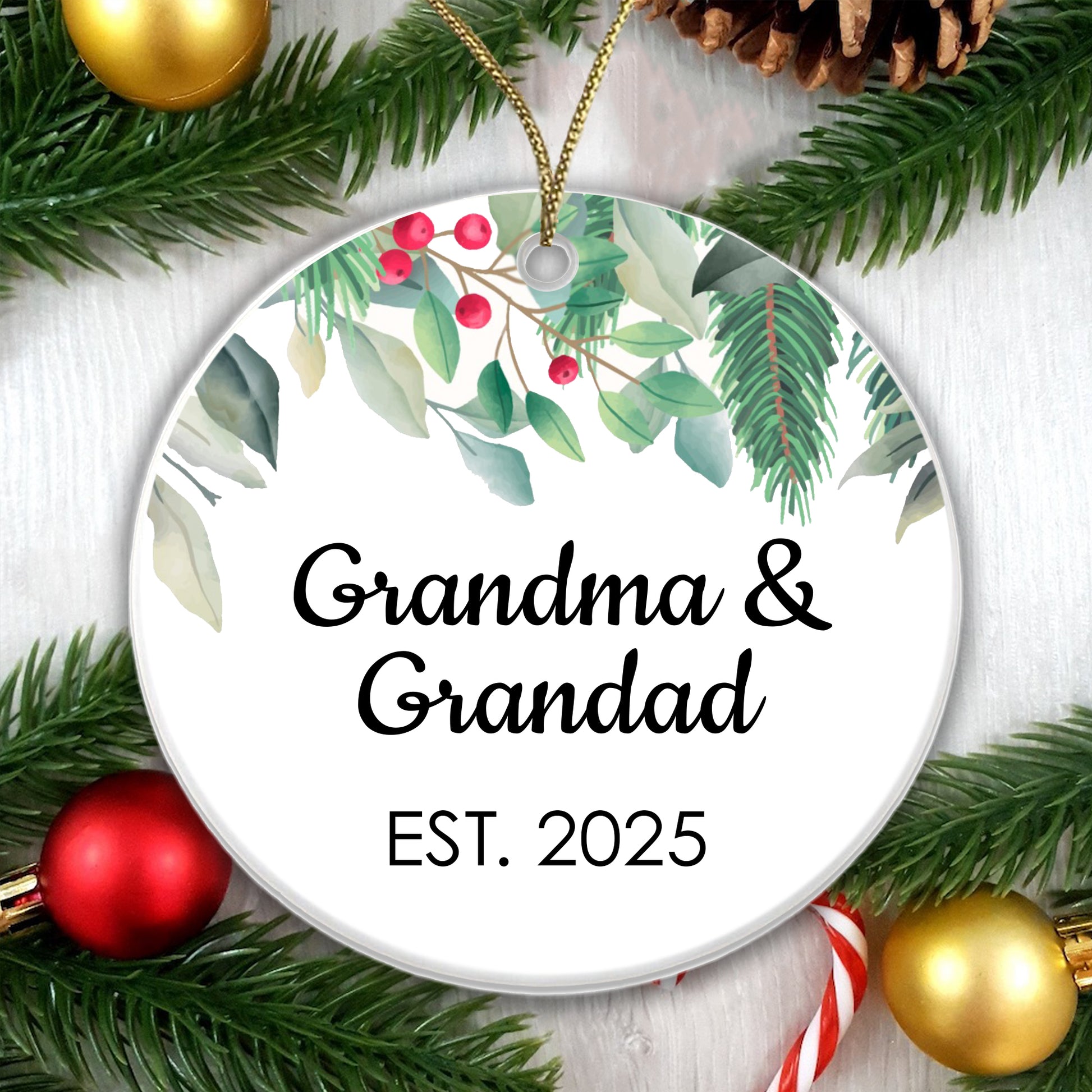 Grandma Grandad Est 2025 Bauble Pregnancy Announcement First Year Grandparents - Ceramic - Gift Boxed