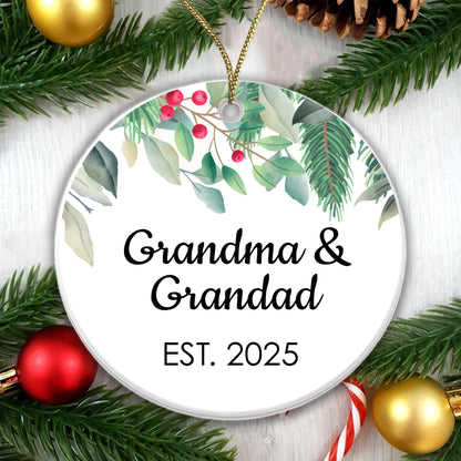 Grandma Grandad Est 2025 Bauble Pregnancy Announcement First Year Grandparents - Ceramic - Gift Boxed