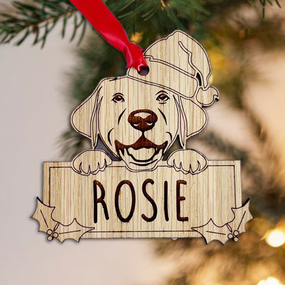 Personalised Labrador Dog Bauble - Peeking Dog - Oak Veneer Wood - Add your own name!