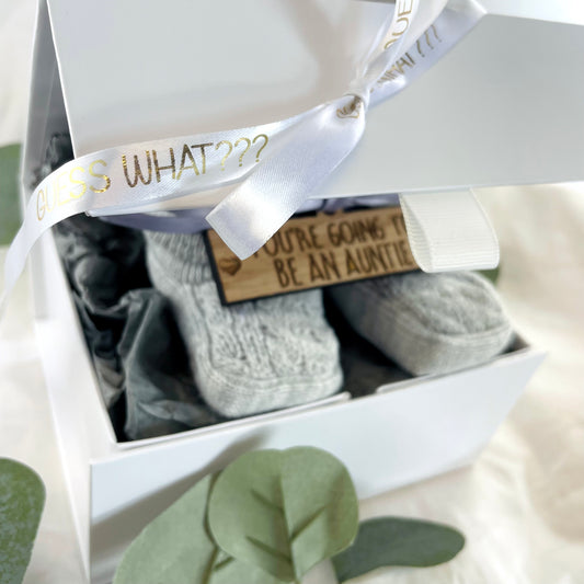 Guess What' Booties - Grey & Gift Boxed - "You're Going to Be..." - An Auntie