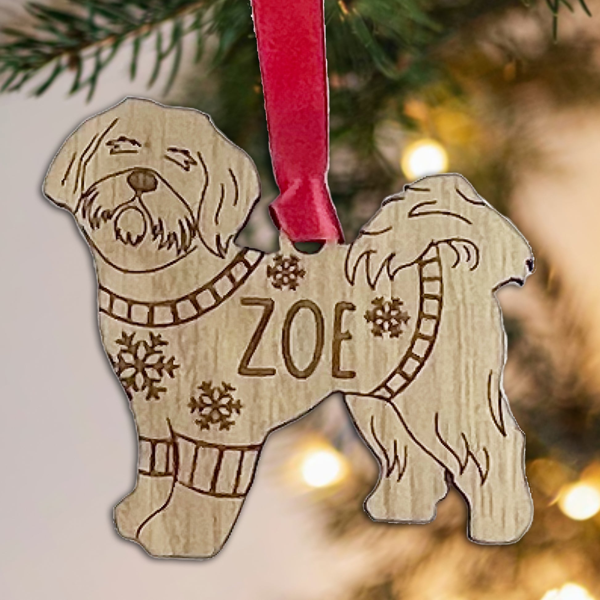 Personalised Shih Tzu Bauble Jumper Dog Bauble - Oak Veneer Wood - Add any name