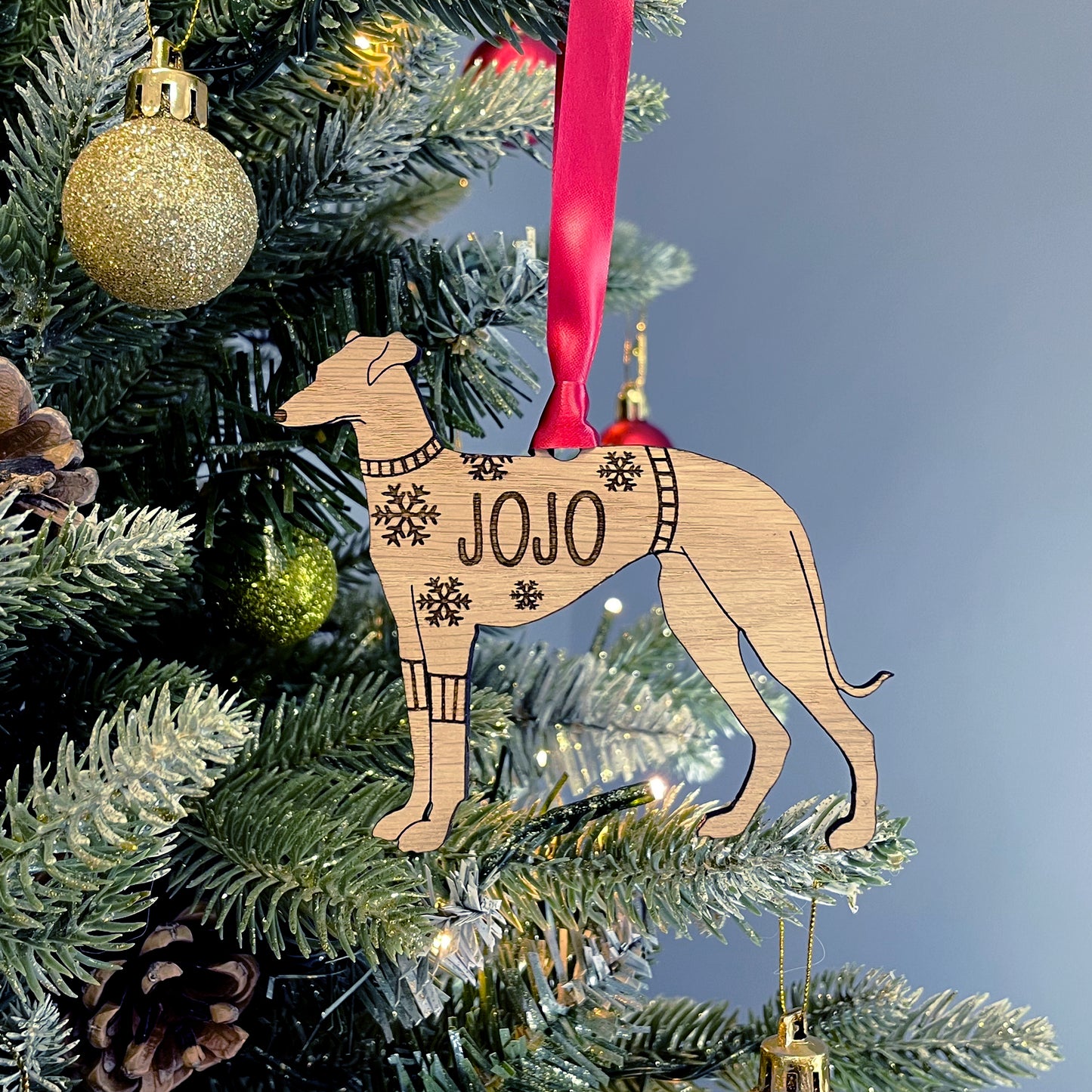Personalised Greyhound Bauble Jumper Dog Bauble - Oak Veneer Wood - Add any name