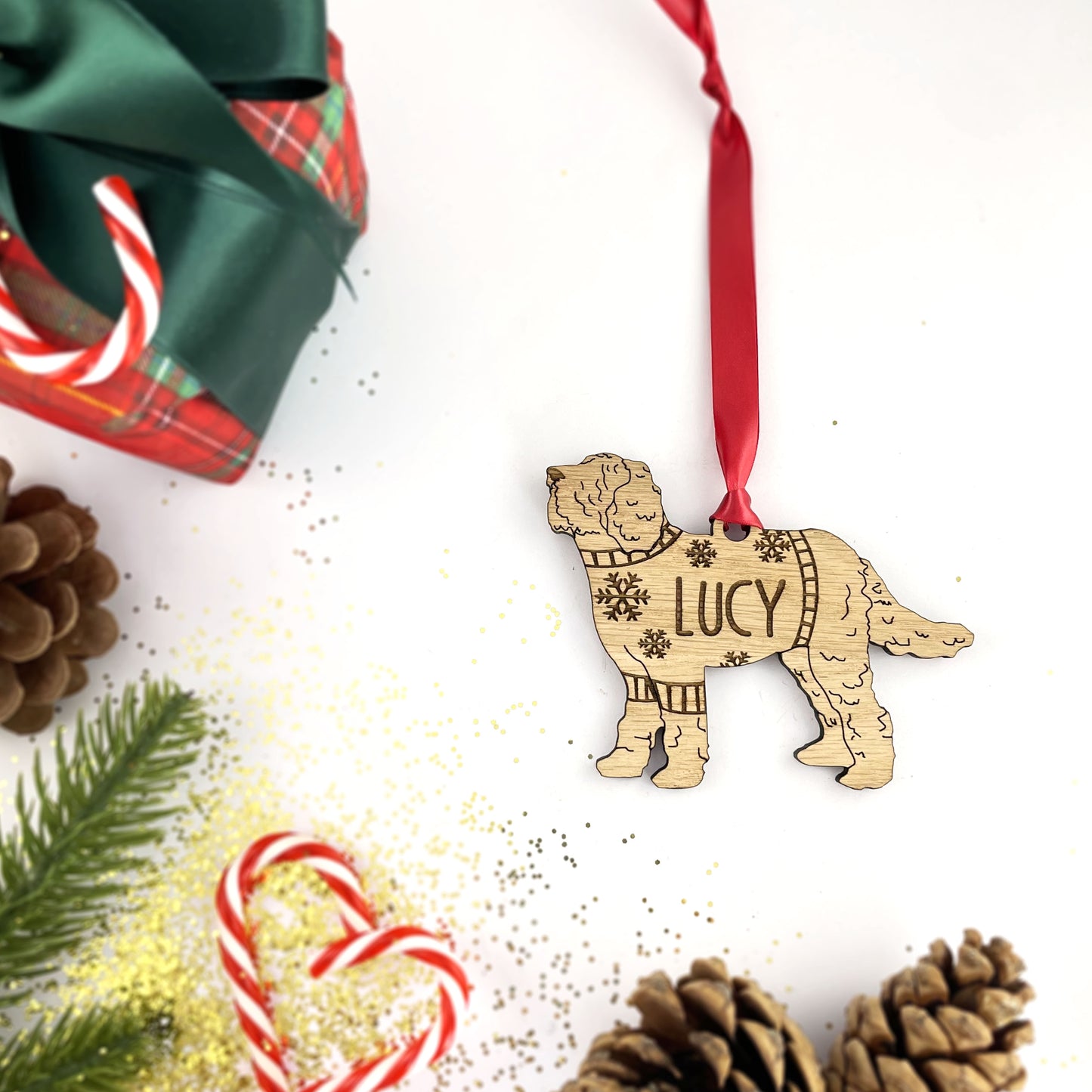 Personalised Laradoodle Bauble Jumper Dog Bauble - Oak Veneer Wood - Add any name