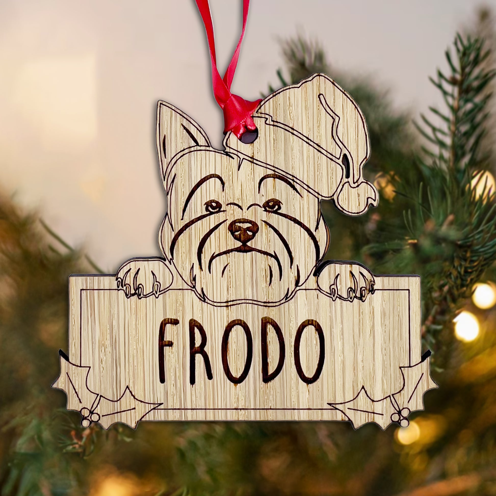 Personalised Yorkshire Terrier Dog Bauble - Peeking Dog - Oak Veneer Wood - Add your own name!