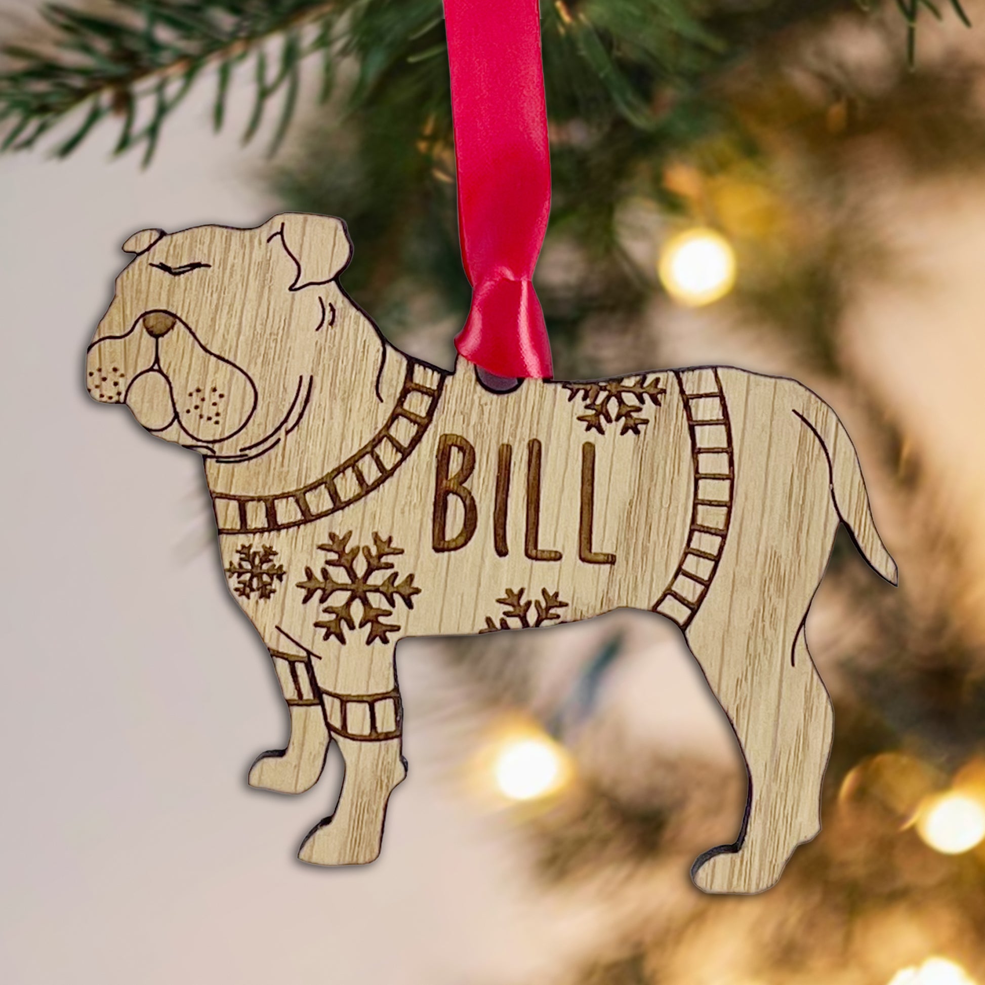 Personalised Bulldog Bauble Jumper Dog Bauble - Oak Veneer Wood - Add any name