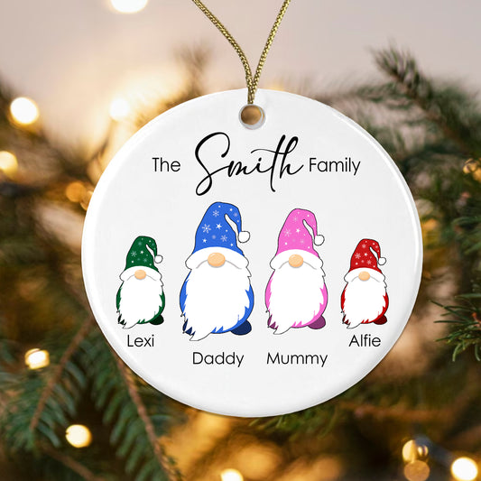 Personalised Gonk Family Christmas Bauble Cermic - 2 Children Names + Surname Gift Boxed