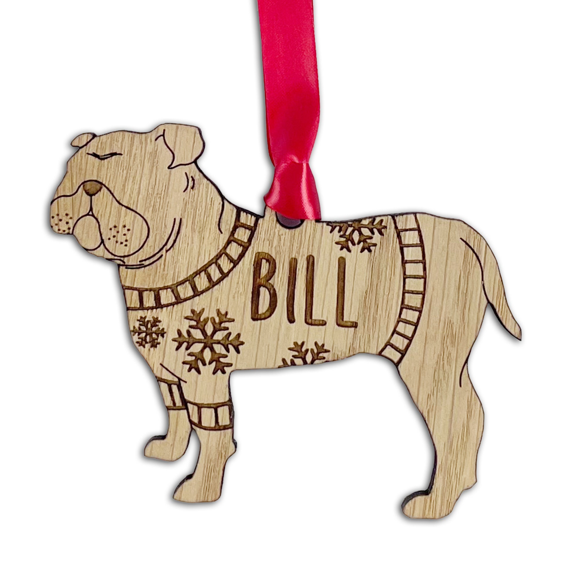 Personalised Bulldog Bauble Jumper Dog Bauble - Oak Veneer Wood - Add any name