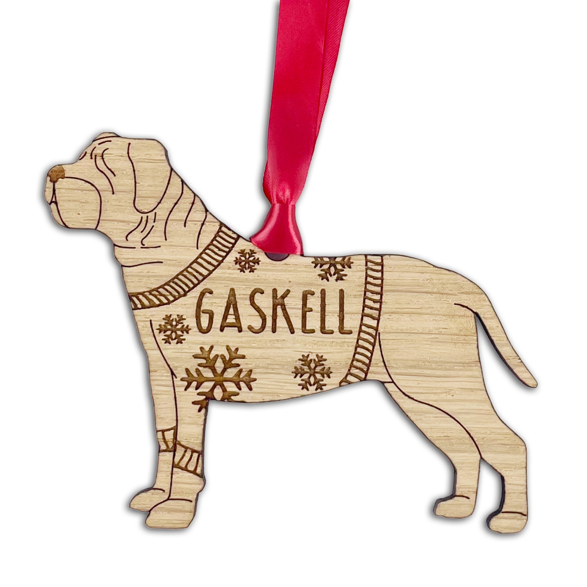 Wooden Dog Bauble Personalised French Mastiff Bauble Jumper Dog Bauble - Oak Veneer Wood - Add any name: French Mastiff