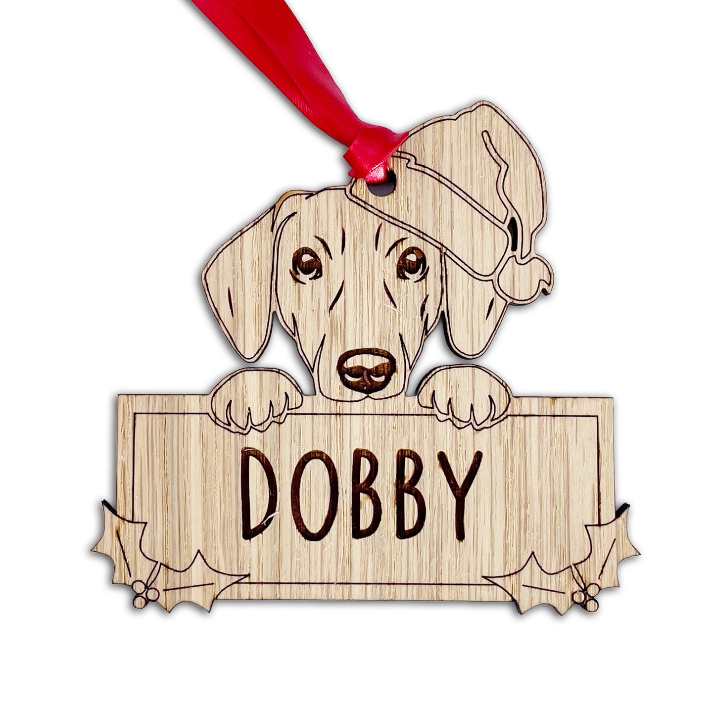 Personalised Dachshund Dog Bauble - Peeking Dog - Oak Veneer Wood - Add your own name!