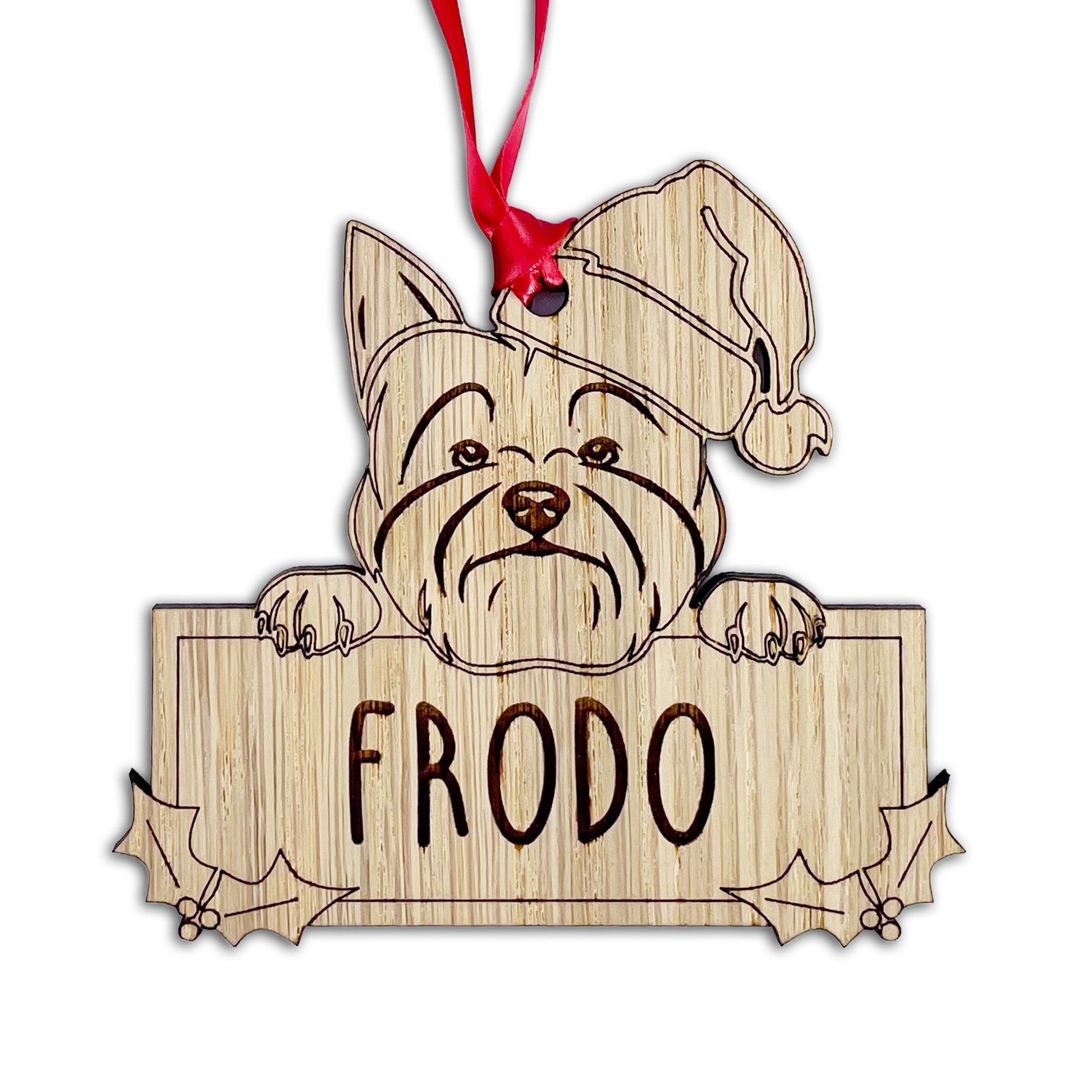 Personalised Yorkshire Terrier Dog Bauble - Peeking Dog - Oak Veneer Wood - Add your own name!