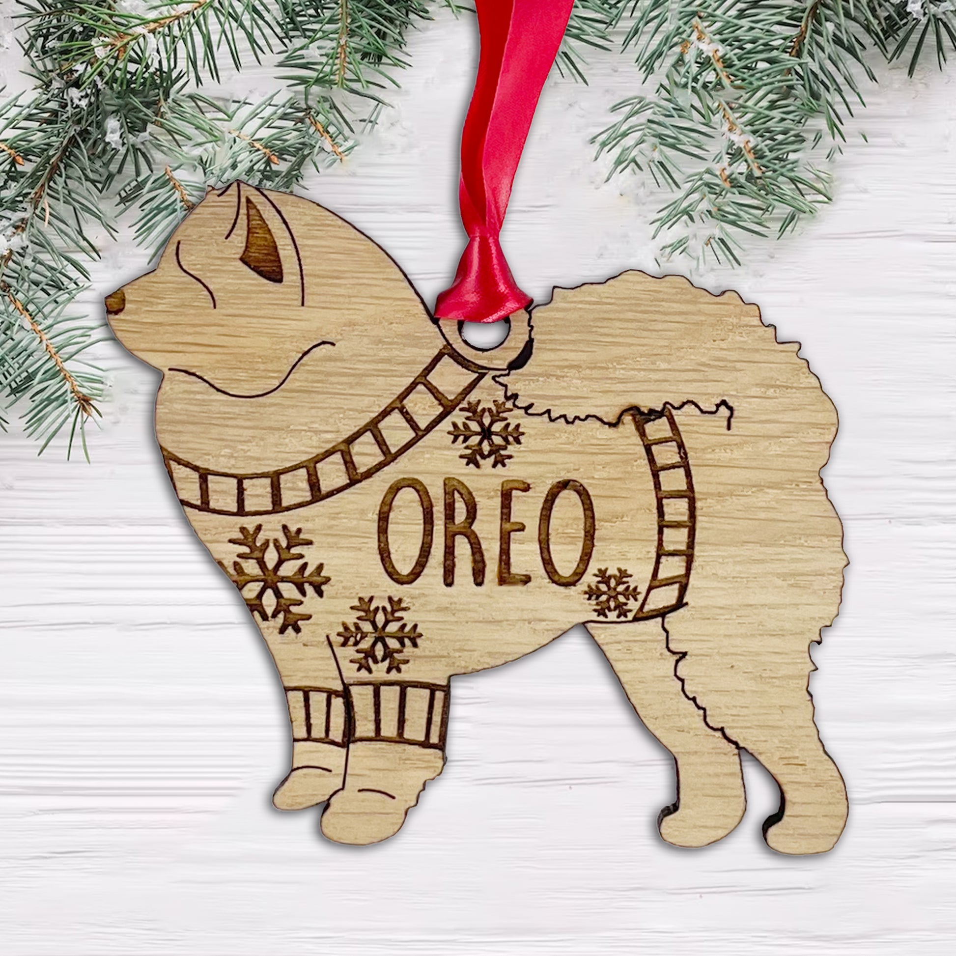 Personalised Chow Chow Bauble Jumper Dog Bauble - Oak Veneer Wood - Add any name