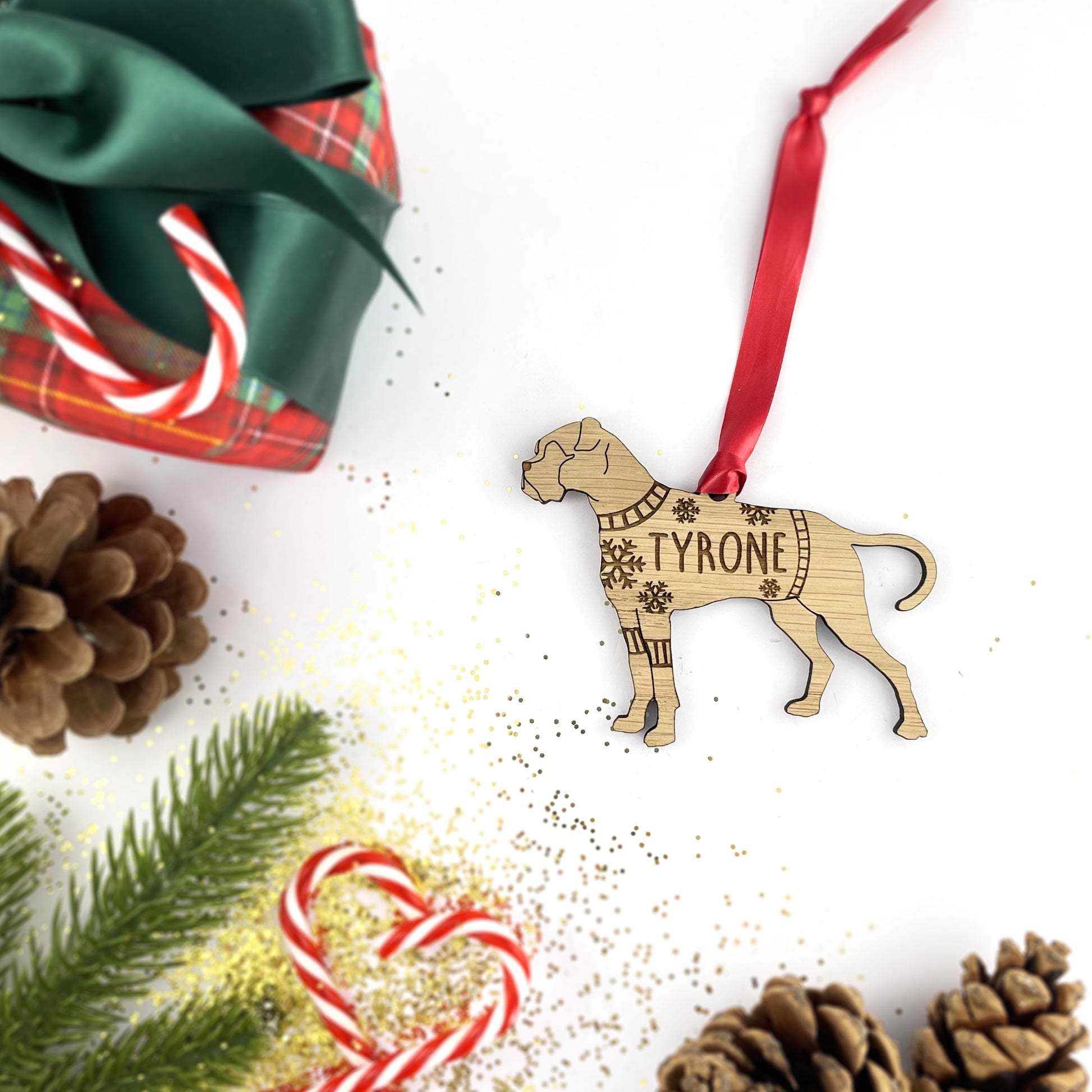 Personalised Boxer Bauble Jumper Dog Bauble - Oak Veneer Wood - Add any name