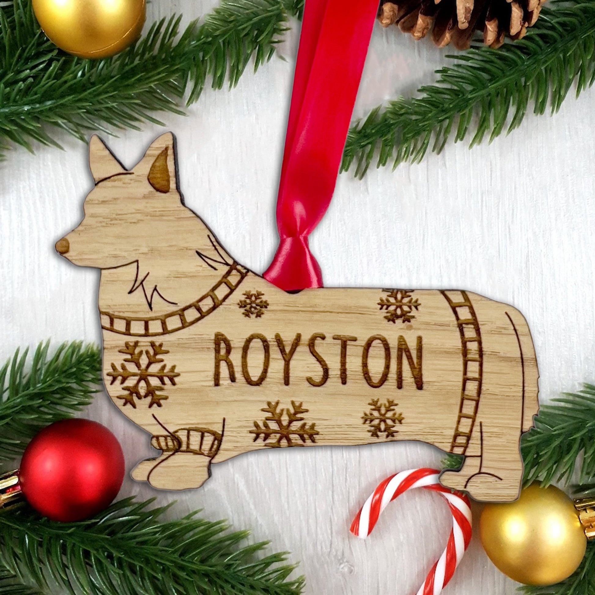 Personalised Corgi Bauble Jumper Dog Bauble - Oak Veneer Wood - Add any name