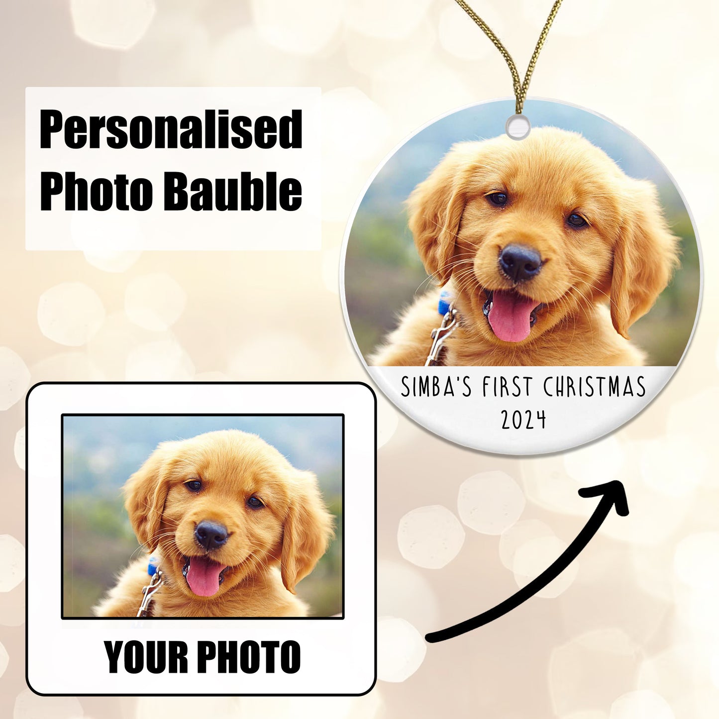 Personalised Pet's First Christmas Photo Bauble, Puppy Dog or Pet Xmas Tree Decoration - Gift Boxed