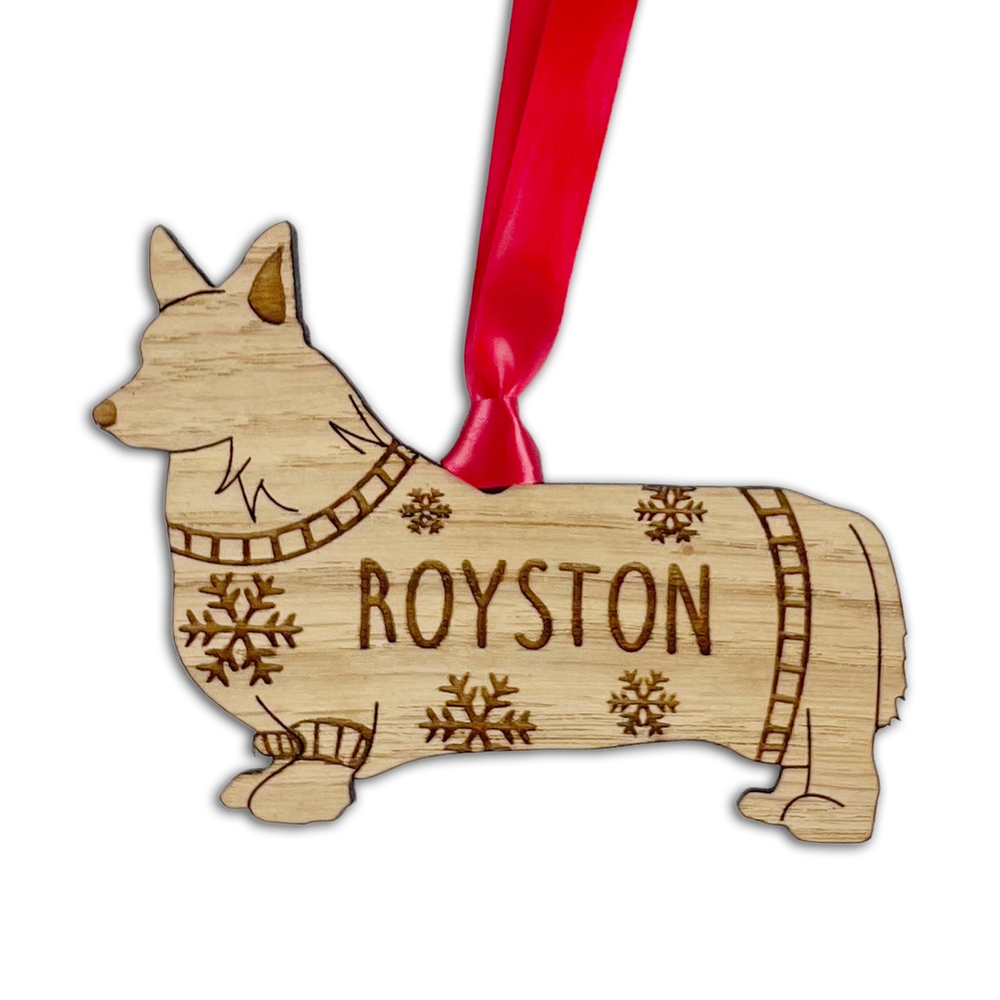 Personalised Corgi Bauble Jumper Dog Bauble - Oak Veneer Wood - Add any name