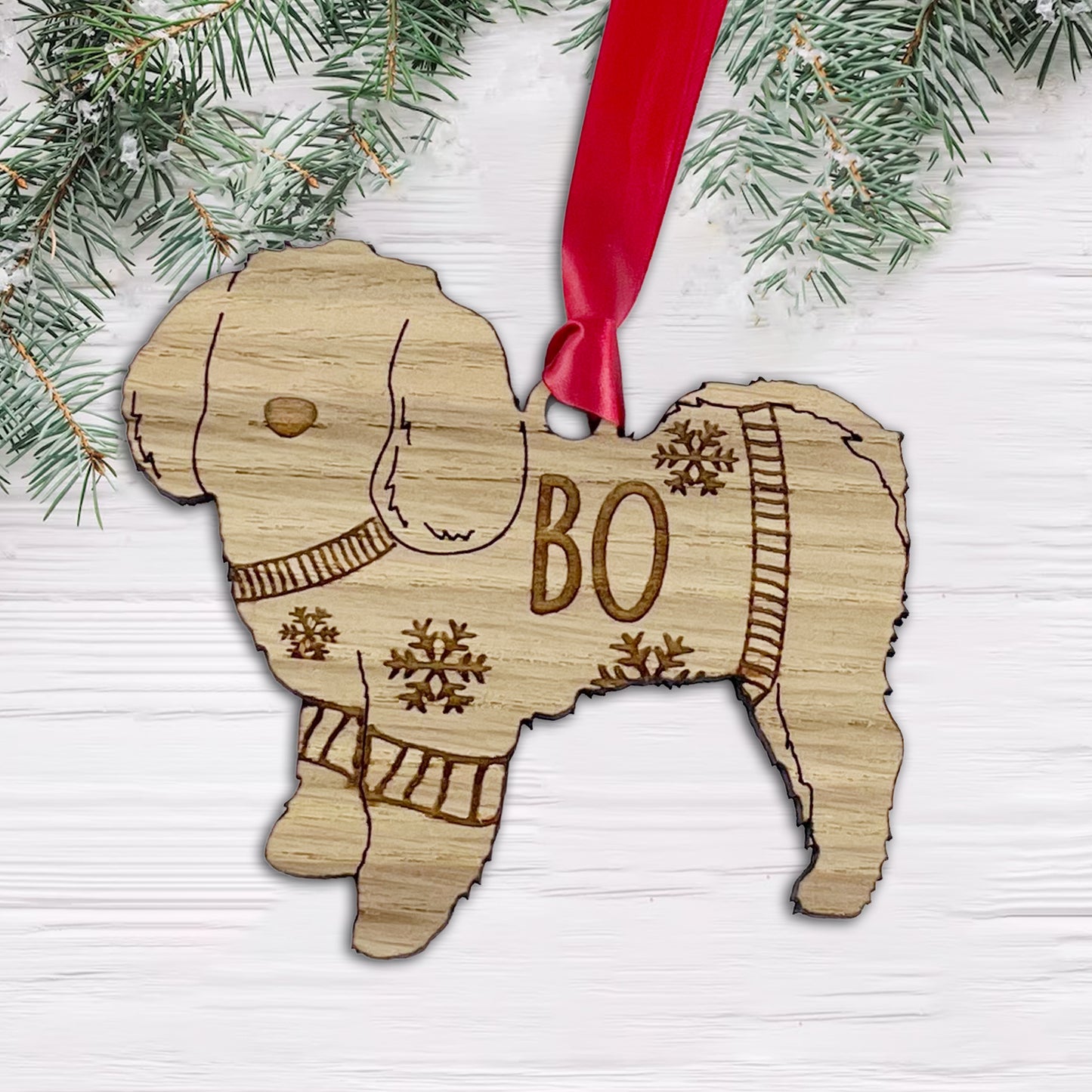 Personalised Maltese Bauble Jumper Dog Bauble - Oak Veneer Wood - Add any name