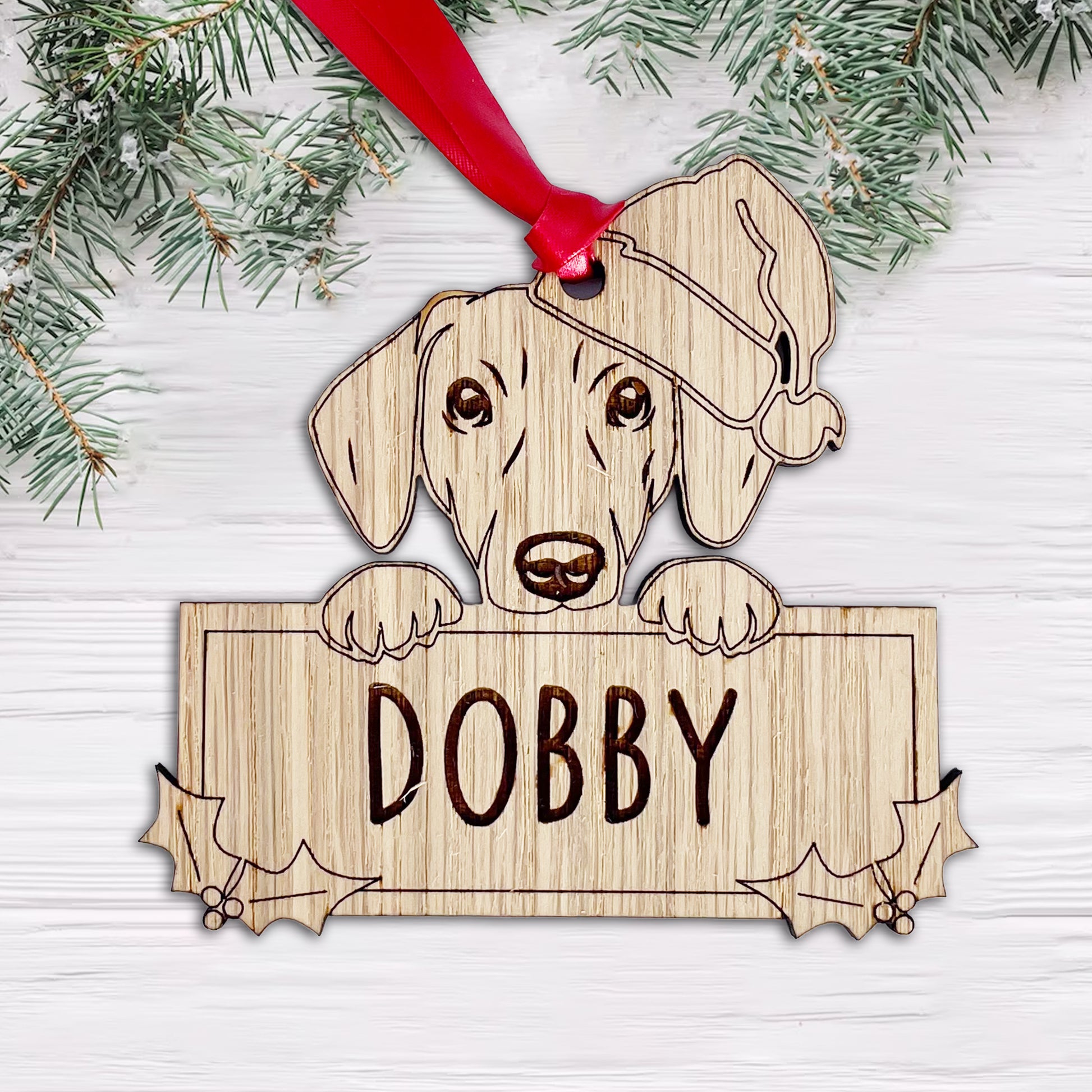 Personalised Dachshund Dog Bauble - Peeking Dog - Oak Veneer Wood - Add your own name!