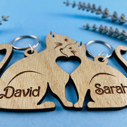 Personalised Cats Keyrings Heart - Add Names - Valentines, Birthday, Anniversary