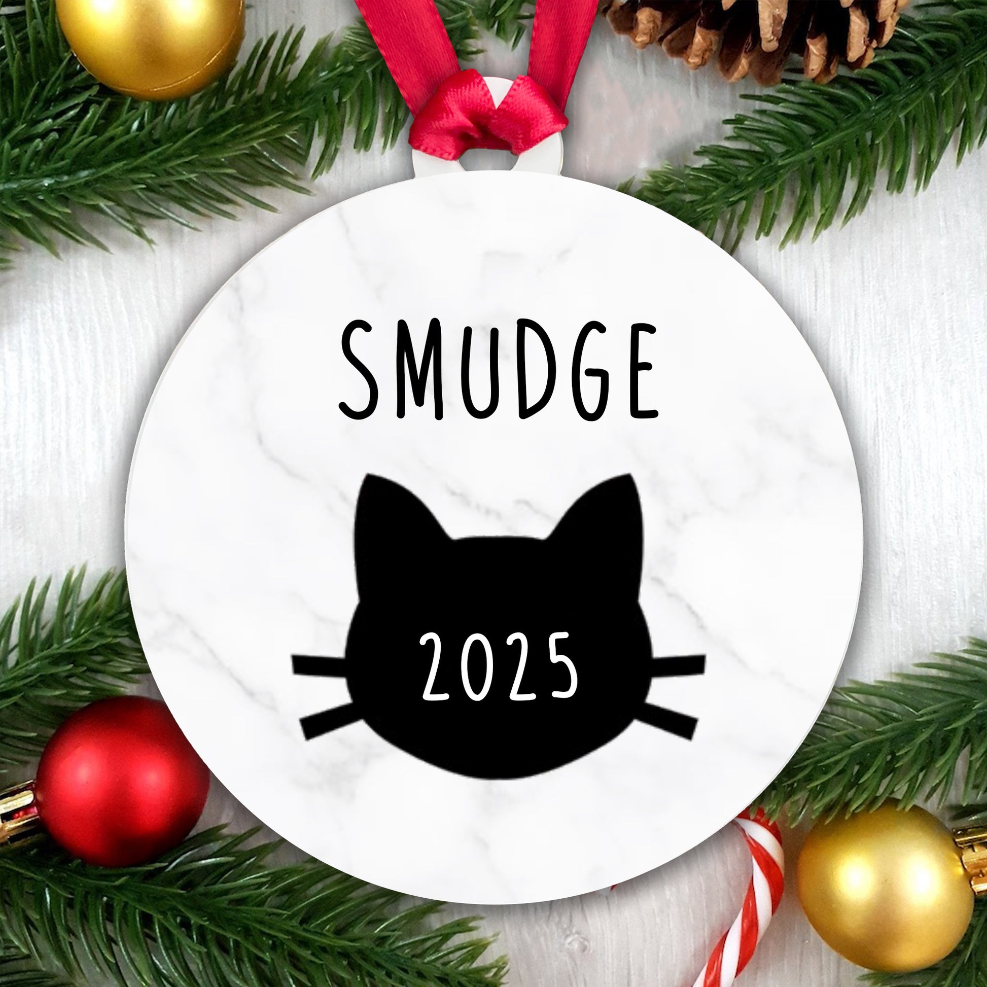 Personalised Cat Name and Year Bauble Christmas Tree Decoration - Acrylic