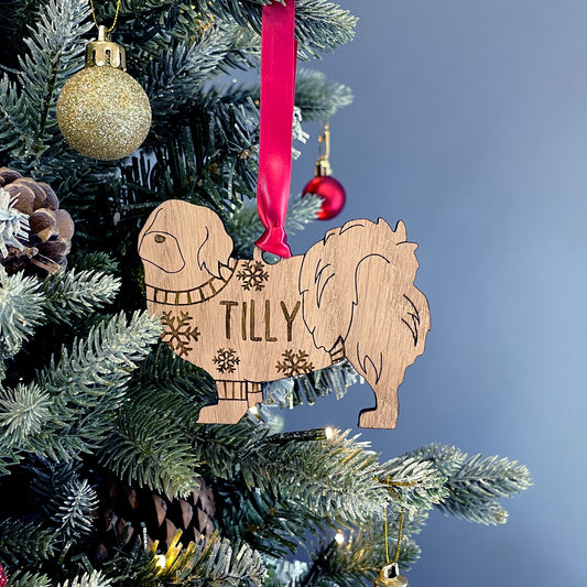 Personalised Tibetan Spaniel Bauble Jumper Dog Bauble - Oak Veneer Wood - Add any name