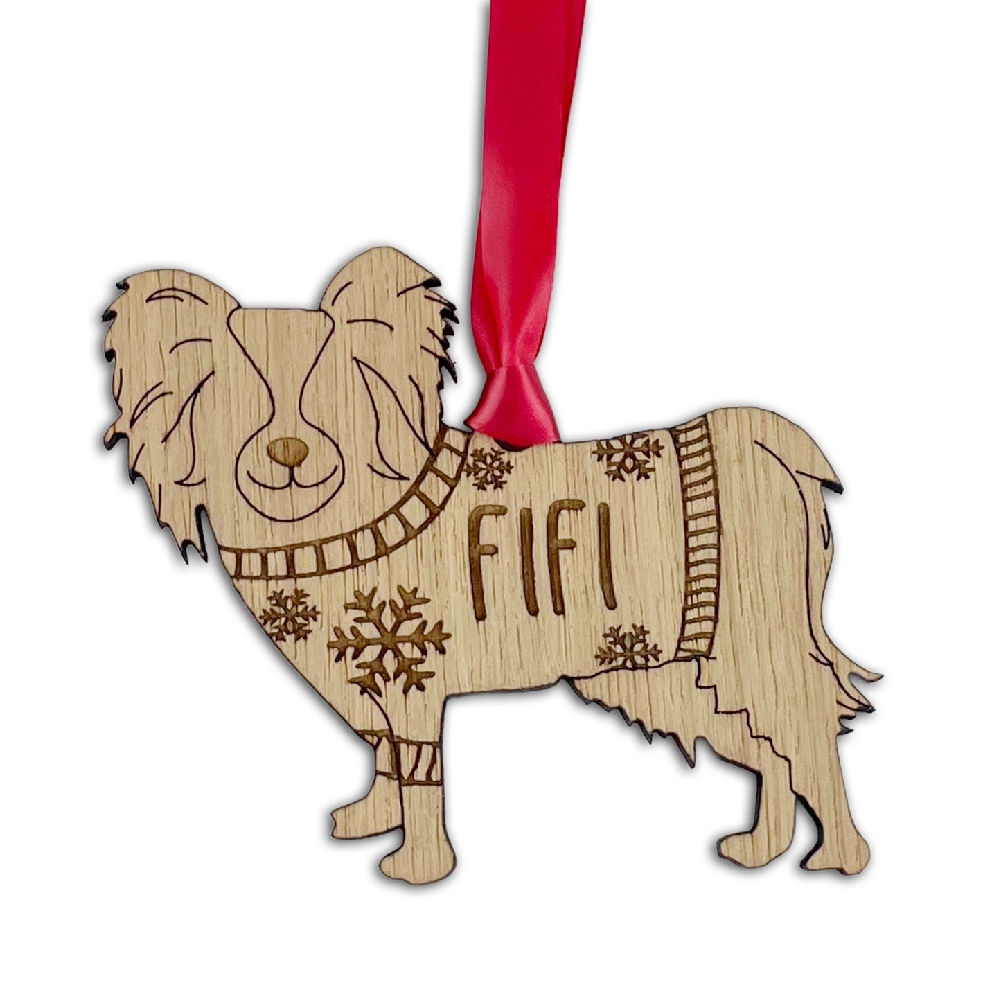 Personalised Papillion Bauble Jumper Dog Bauble - Oak Veneer Wood - Add any name