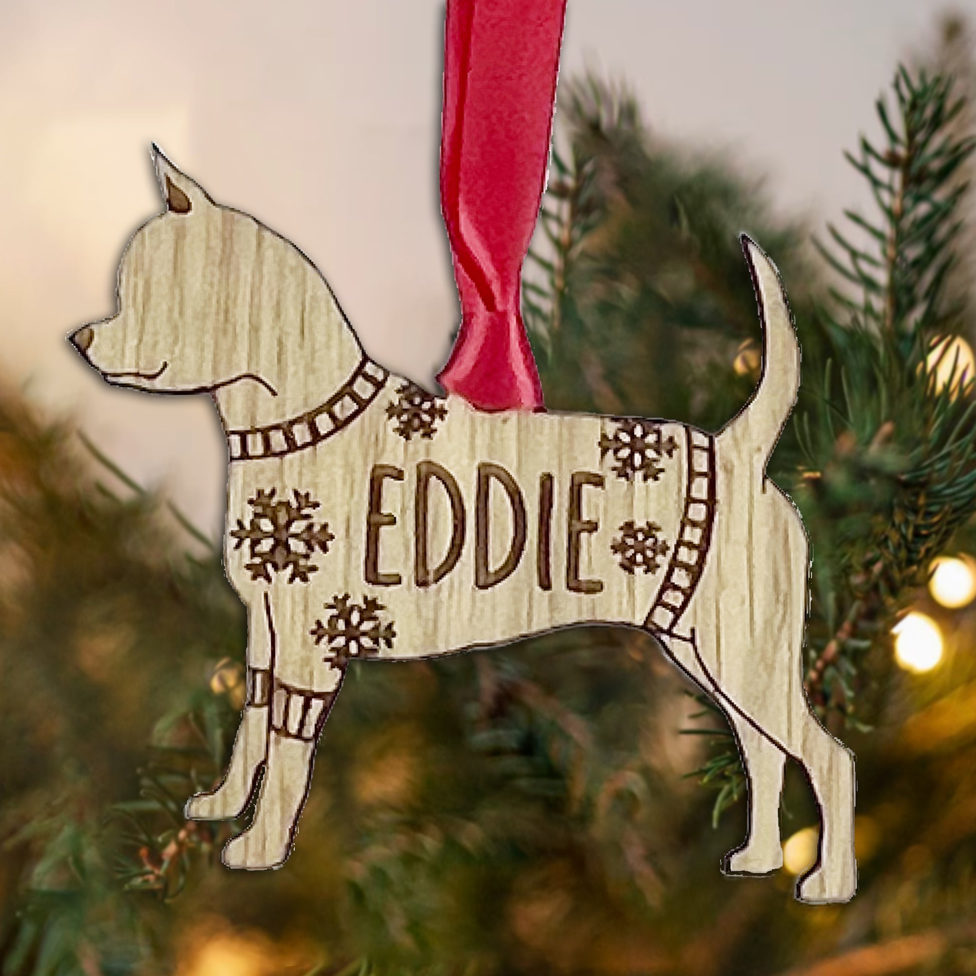 Personalised Smooth Coat Chihuahua Bauble Jumper Dog Bauble - Oak Veneer Wood - Add any name