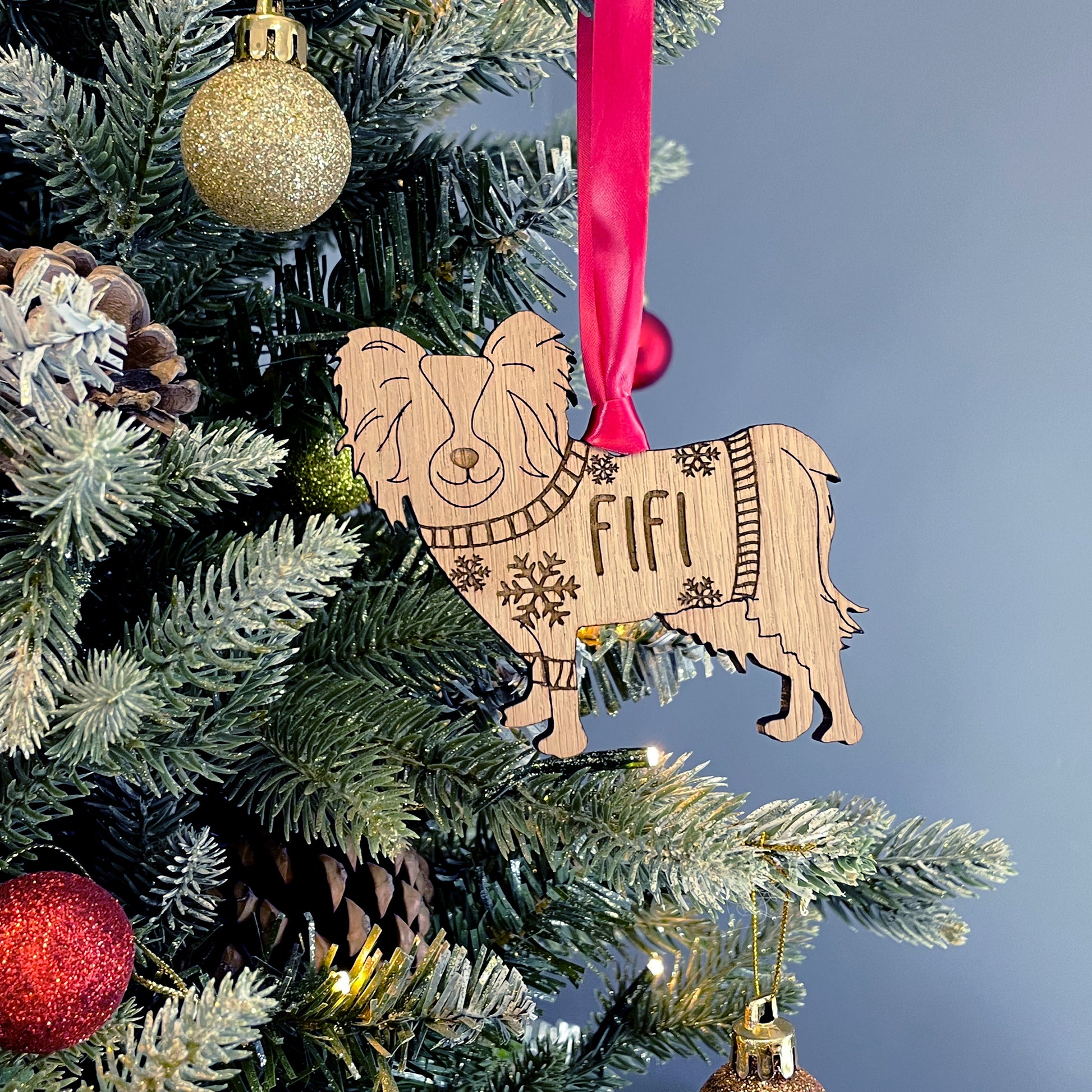 Personalised Papillion Bauble Jumper Dog Bauble - Oak Veneer Wood - Add any name