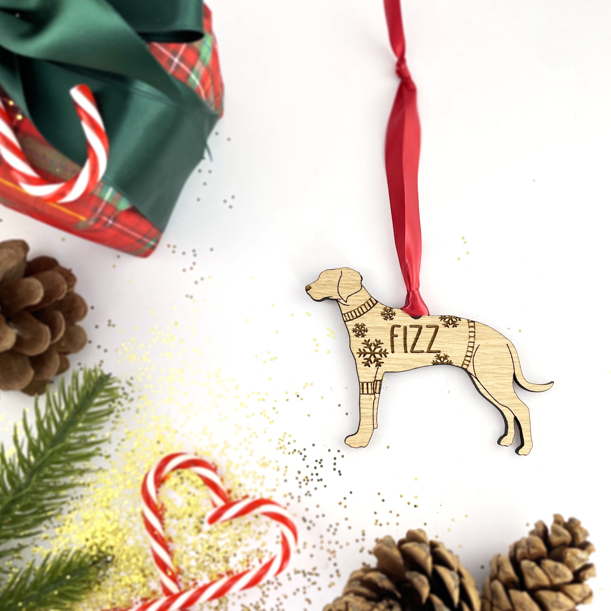 Personalised Rhodesian Bauble Jumper Dog Bauble - Oak Veneer Wood - Add any name