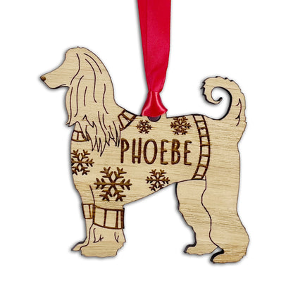 Personalised Afghan Hound Bauble Jumper Dog Bauble - Oak Veneer Wood - Add any name
