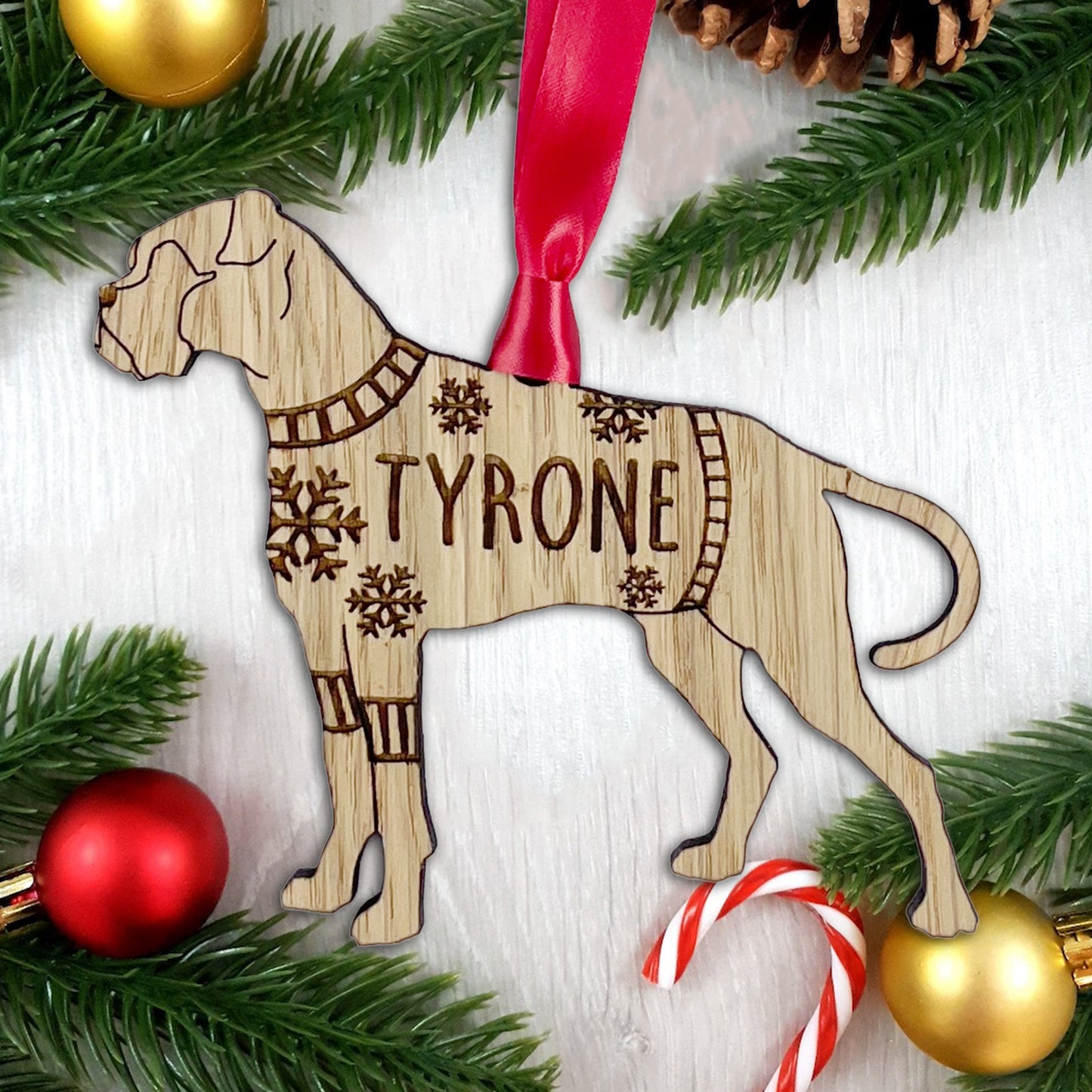 Personalised Boxer Bauble Jumper Dog Bauble - Oak Veneer Wood - Add any name