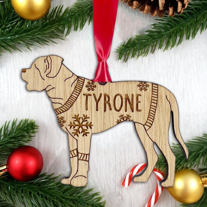 Personalised English Mastiff Bauble Jumper Dog Bauble - Oak Veneer Wood - Add any name