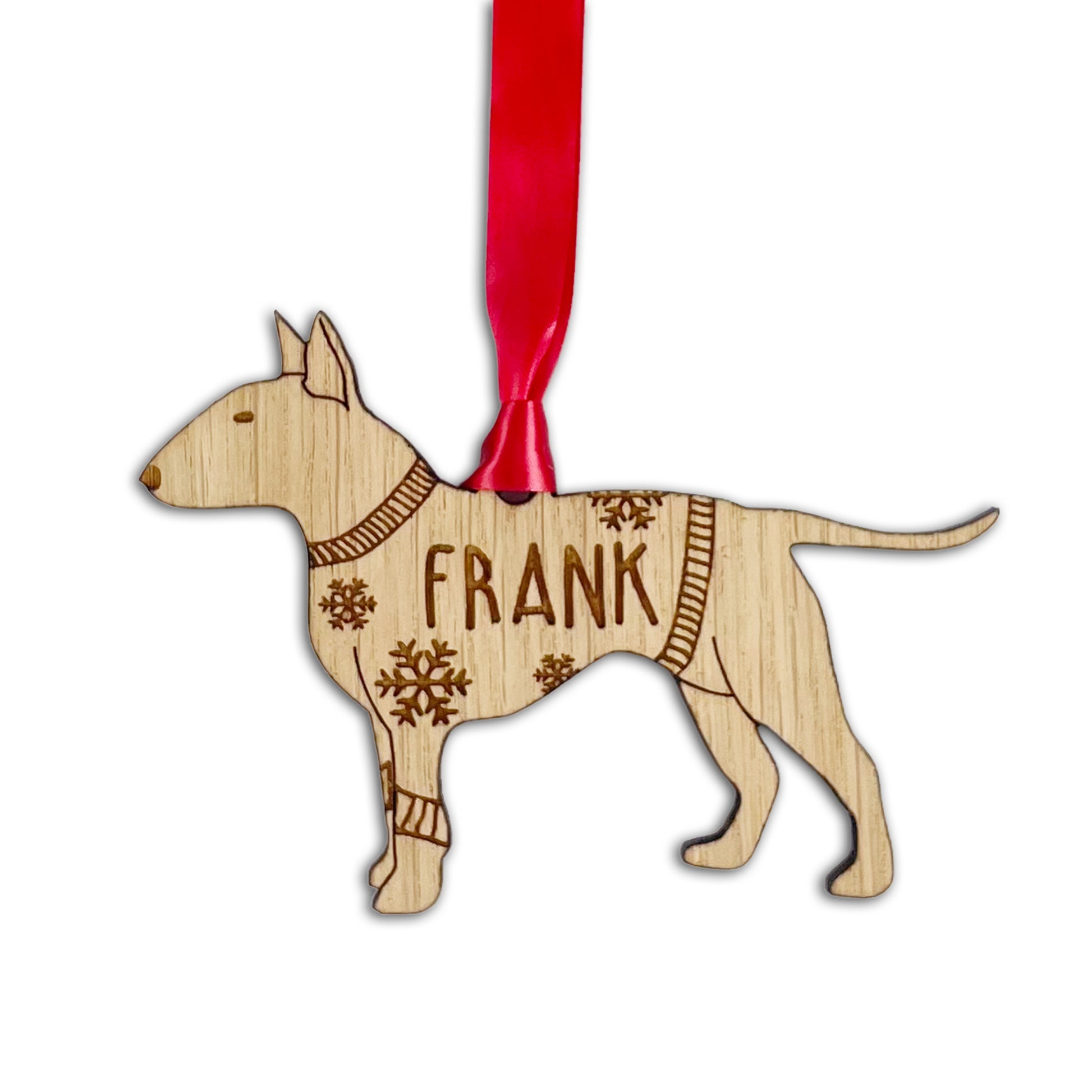 Personalised English Bull Terrier Bauble Jumper Dog Bauble - Oak Veneer Wood - Add any name