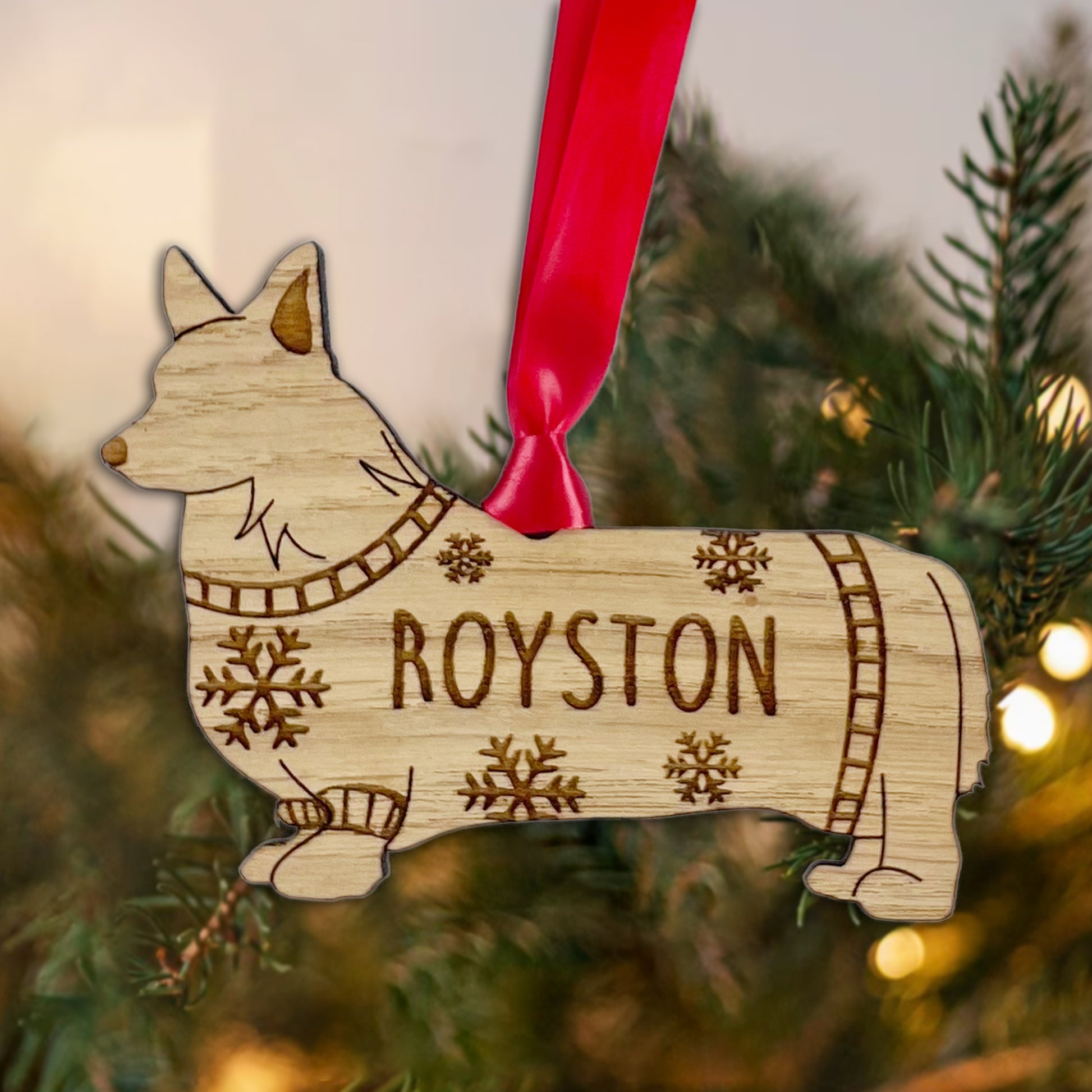 Personalised Corgi Bauble Jumper Dog Bauble - Oak Veneer Wood - Add any name