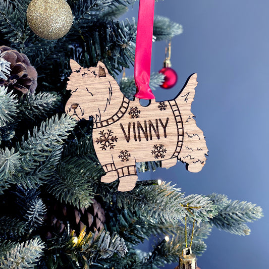 Personalised Westie Bauble Jumper Dog Bauble - Oak Veneer Wood - Add any name