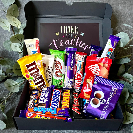 Personalised Luxury "Thank you Teacher" Chocolate Hamper Gift - 20 FULL SIZE Chocolate Bars  - Teacher Gift Box - Name Tag Keyring