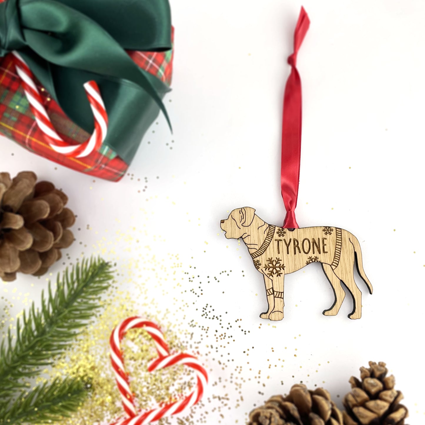 Personalised English Mastiff Bauble Jumper Dog Bauble - Oak Veneer Wood - Add any name