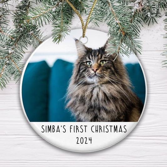 Personalised Cat's First Christmas Photo Bauble - Ceramic