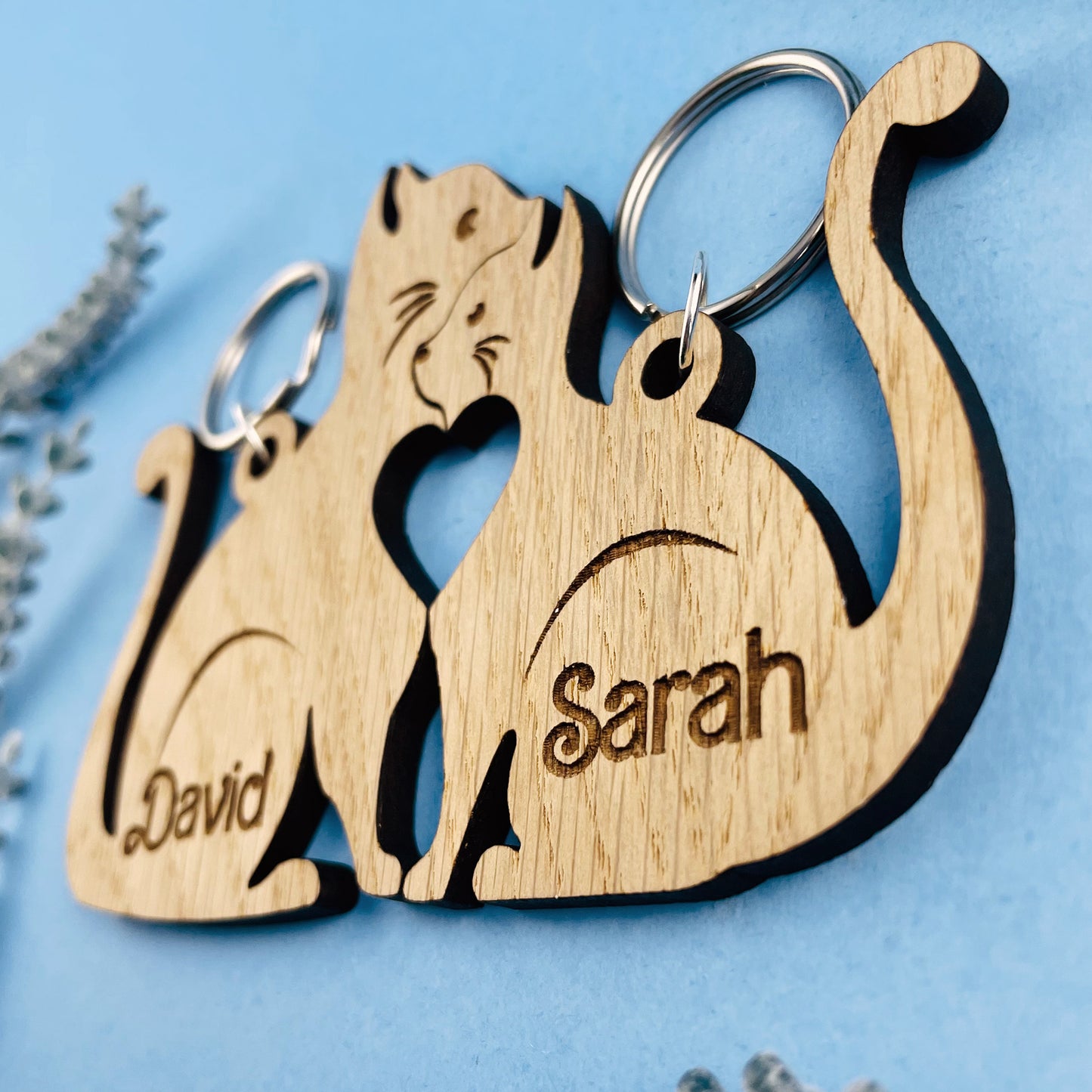 Personalised Cats Keyrings Heart - Add Names - Valentines, Birthday, Anniversary