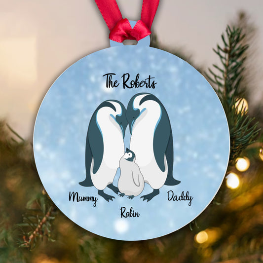 Personalised Penguin Family Blue Bauble - 1 Child