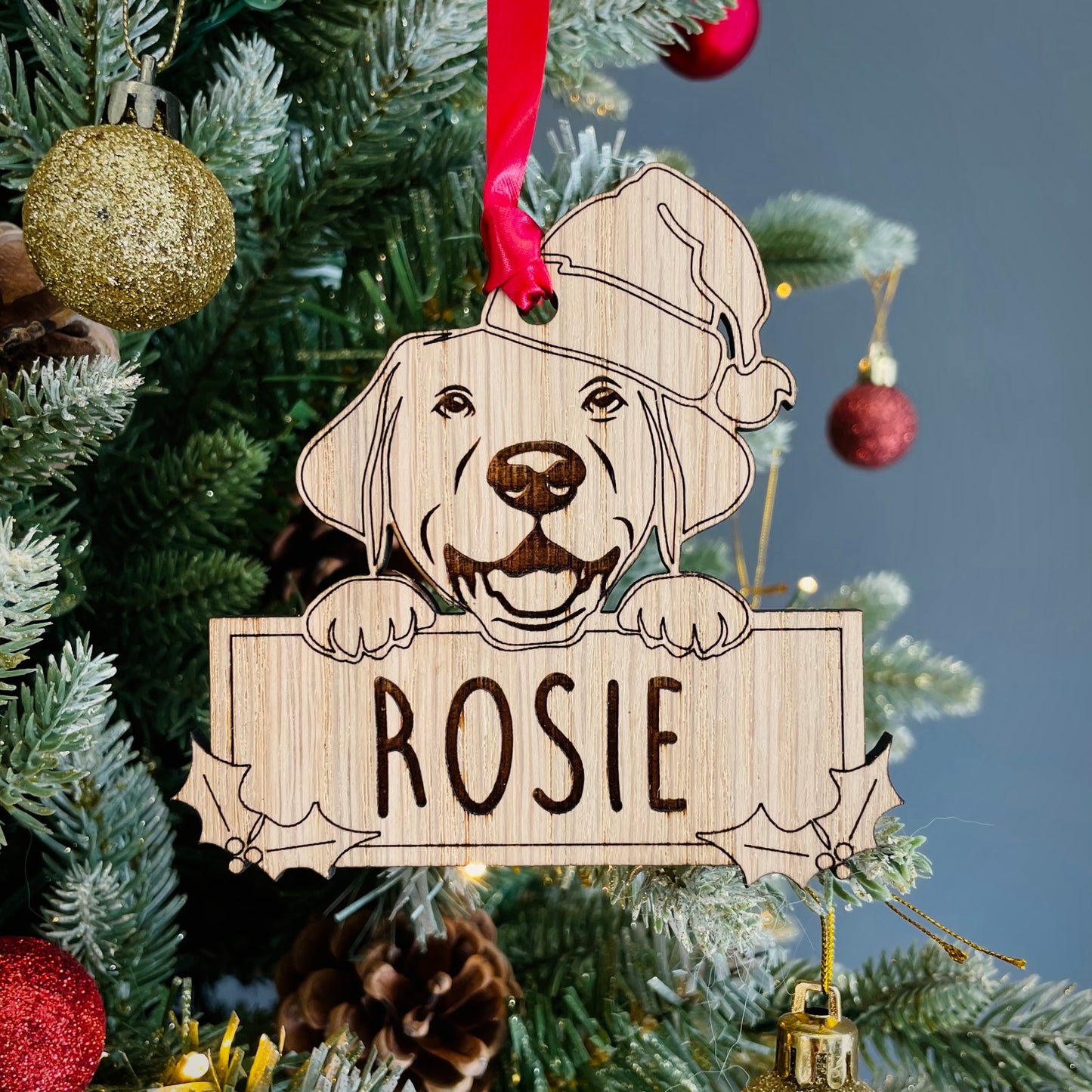 Personalised Labrador Dog Bauble - Peeking Dog - Oak Veneer Wood - Add your own name!