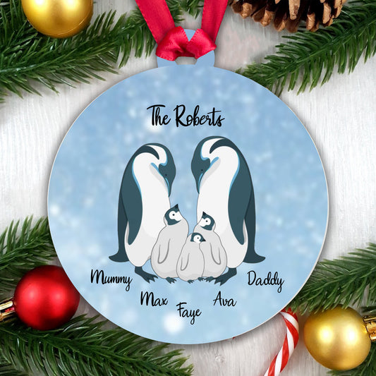 Personalised Penguin Family Blue Bauble - 3 Children