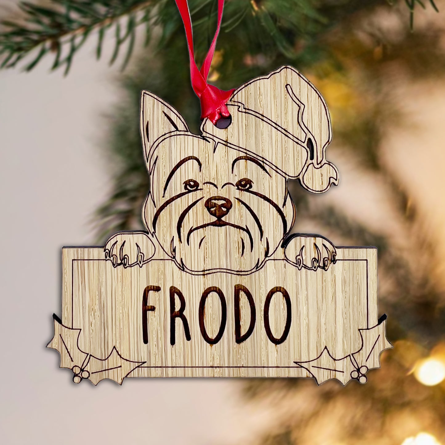 Personalised Yorkshire Terrier Dog Bauble - Peeking Dog - Oak Veneer Wood - Add your own name!