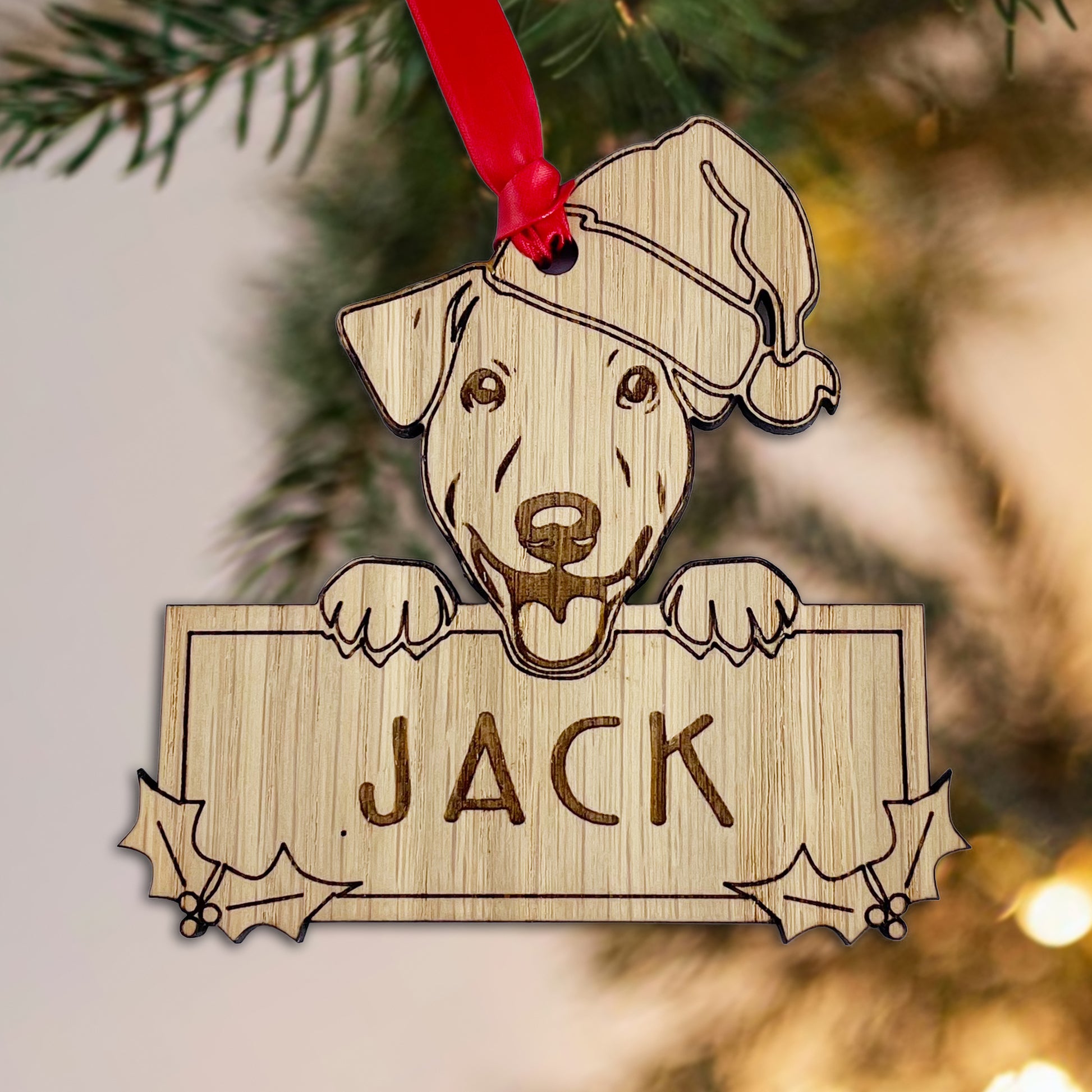 Personalised Jack Russell Dog Bauble - Peeking Dog - Oak Veneer Wood - Add your own name!